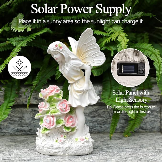 Angel Garden Statue, Guardian Solar Garden Decor with Warm Light, Waterproof Butterfly Angel Figurine with Flowers, Outdoor Garden Decor Sculpture for Lawn Yard Patio Windowsill, White