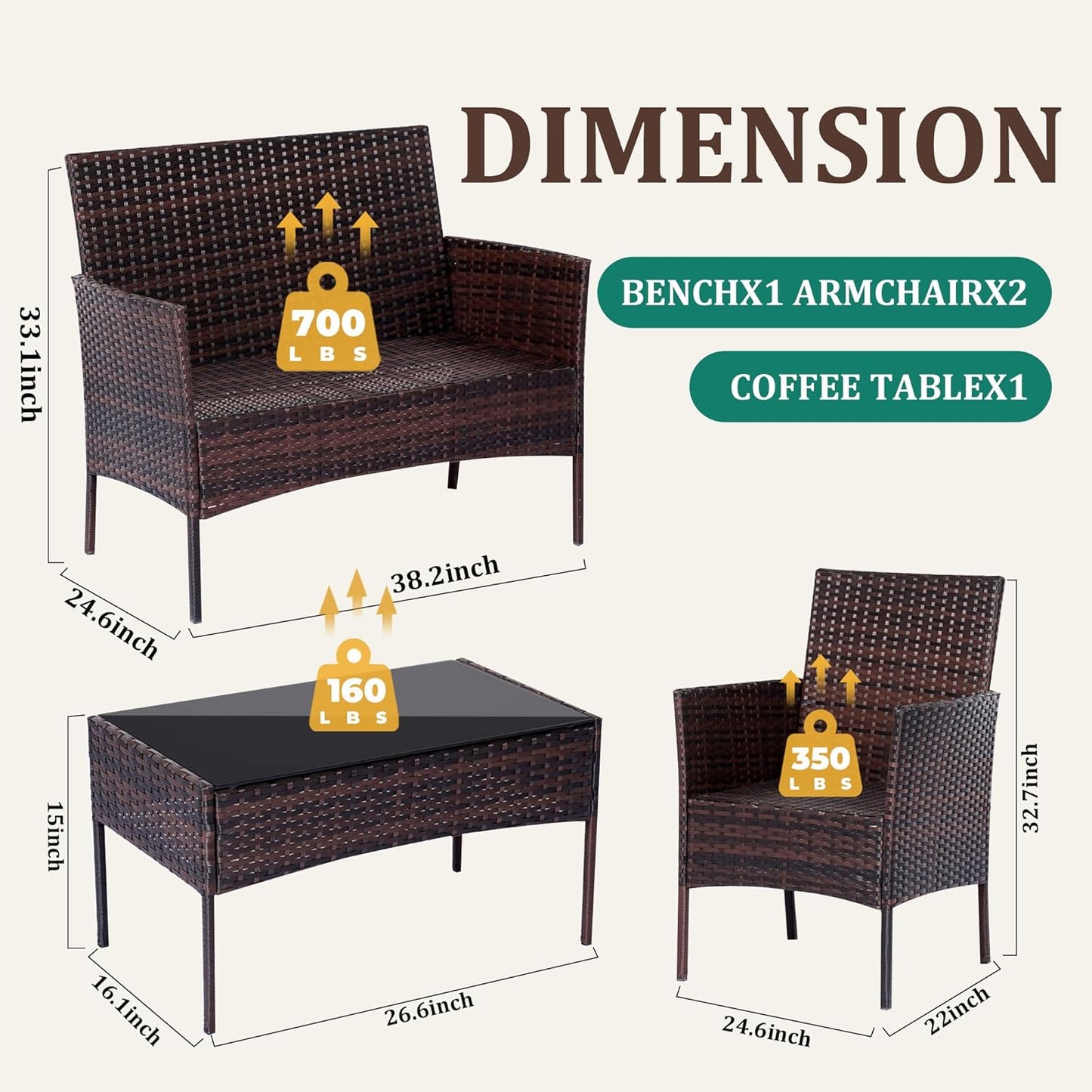 4 Piece Patio Furniture Set - Outdoor Conversation Sets with Coffee Table, Rattan Chair Set for Garden/Poolside, Brown/Grey