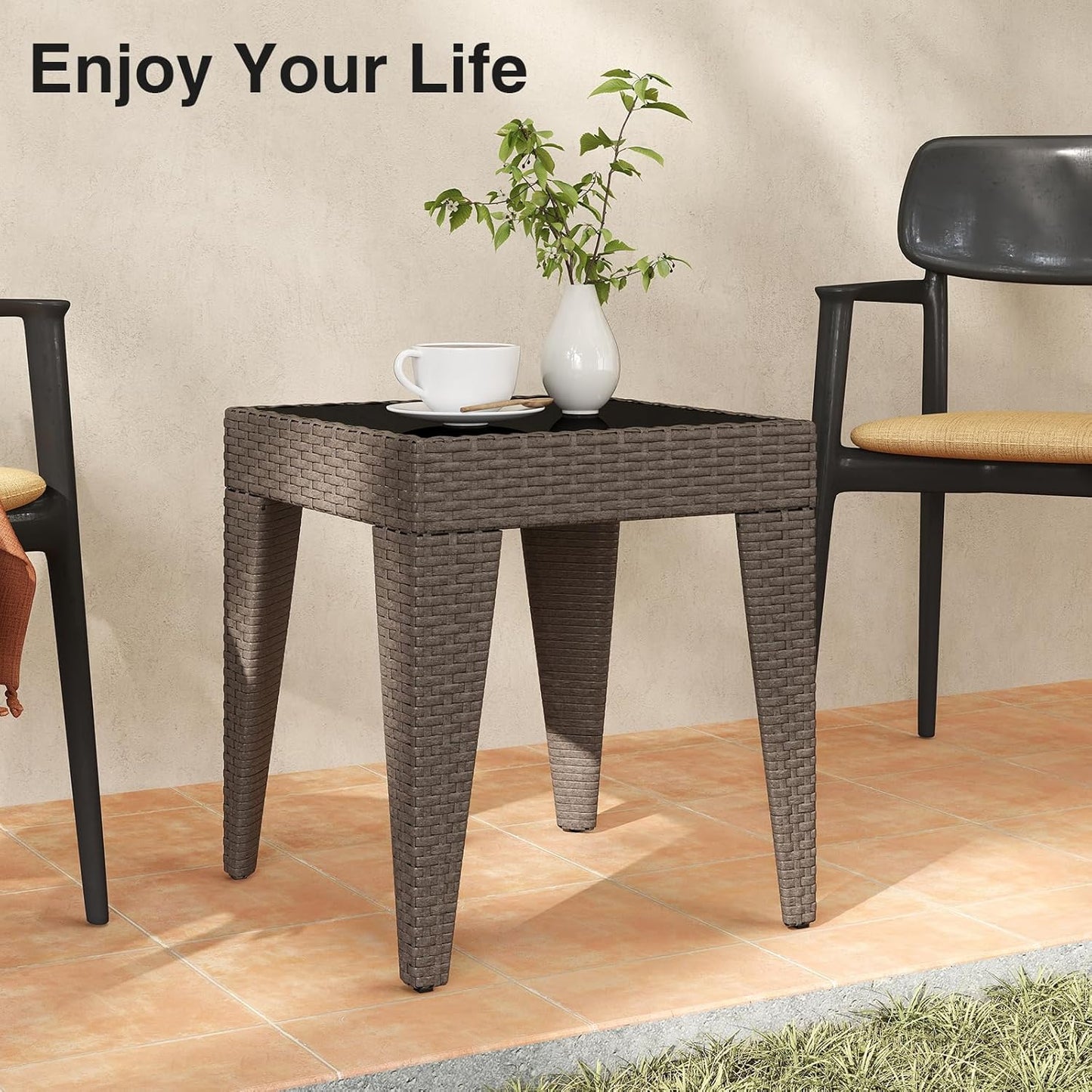 Outdoor Small Patio Table - PE Rattan Coffee Table, Wicker Side Table for Patio, Balcony & Porch, Durable & Iron Frame (2, Rattan Sesame)