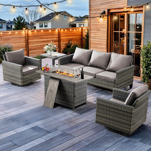 HUMMUH Patio Furniture Set with Fire Pit Table 41 in 55,000 BTU,5 Piece Wicker Outdoor Conversation Sets -Sturdy Outdoor Swivel Rocker Chairs Patio Sofa for Porch,Garden,Backyard