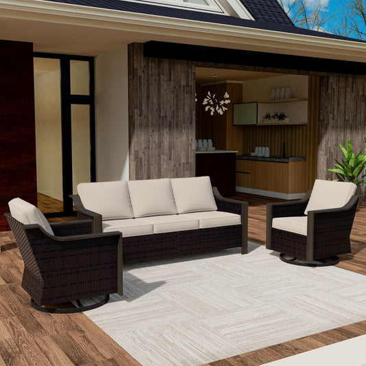 3 Piece Wicker Patio Conversation Set, All-Weather Use Outdoor Wicker Sofa with 2 PE Rattan Swivel Chair, Removable Water-Resistant Cushion, Ideal for Porch, Backyard, Balcony, Poolside, Beige