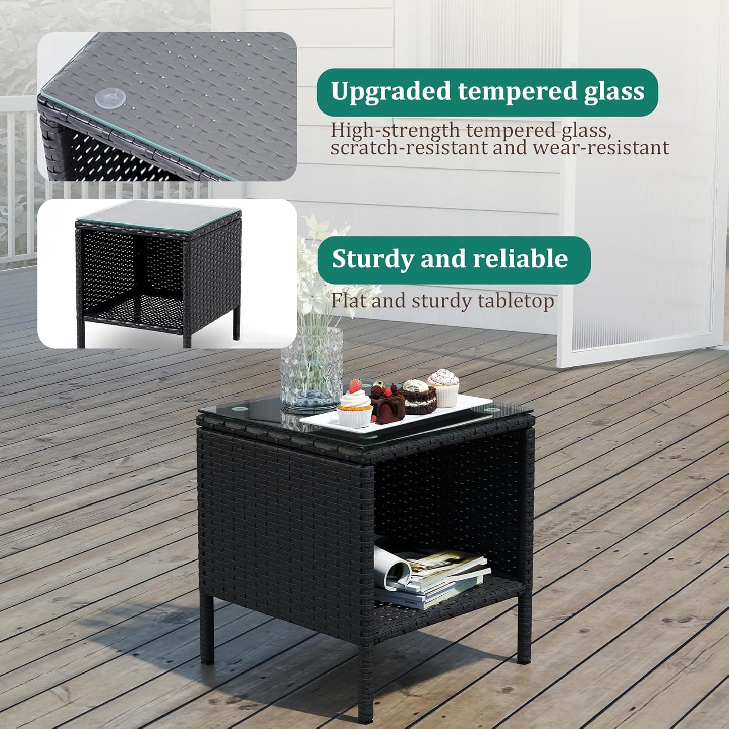 3 Piece Patio Furniture Set - Outdoor Conversation Sets with Coffee Table, Rattan Chair Set for Garden/Poolside, Coffee/Blue