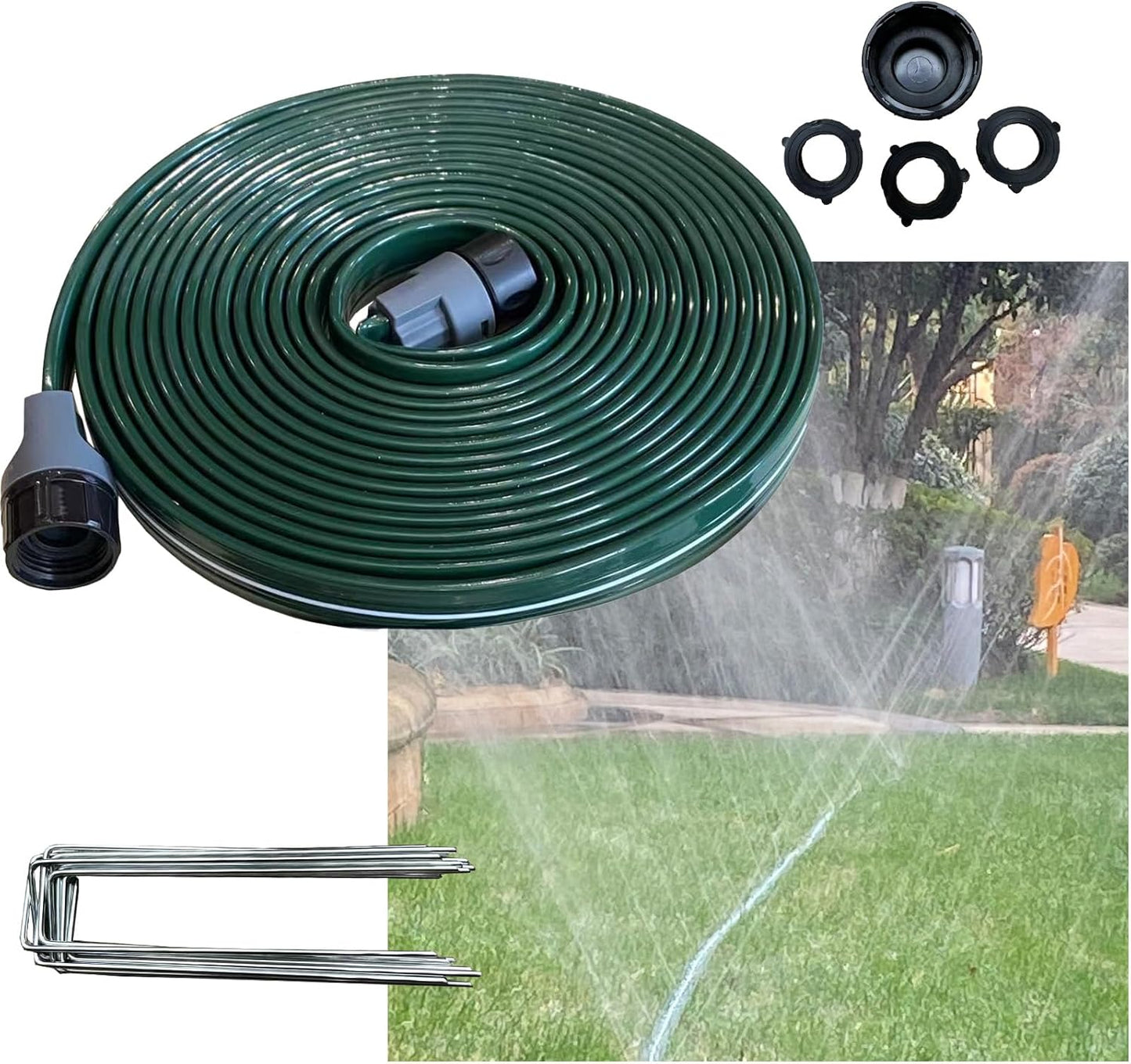 Watoo 2025 Sprinkler Hose & Soaker Hose for Yard - 25 FT Reinforced Flat Garden Hose with Holes, Heavy Duty No-Kink Lawn Irrigation Hose (Includes Stakes, High Pressure Spray)
