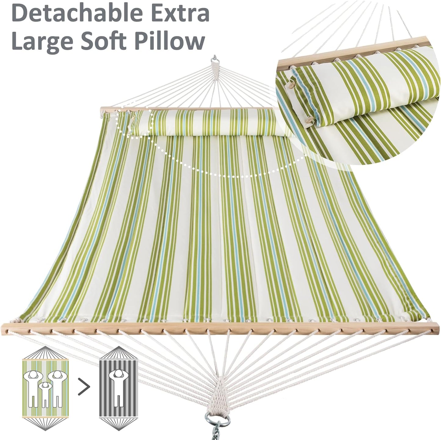 SUNCREAT Hammock 2 Person Heavy Duty, Double Hammocks for Trees, 2 Person Hammock with Spreader Bar, Green&Beige