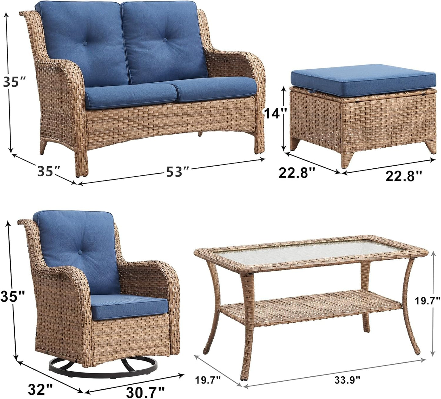 Outdoor Wicker Patio Furniture Set - 6 Piece Rattan Patio Conversation Set with 2 Rocking Swivel Chairs,2 Ottomans,1 Loveseat and 1 Coffee Table for Porch Deck Backyard Garden(Yellow/Blue)