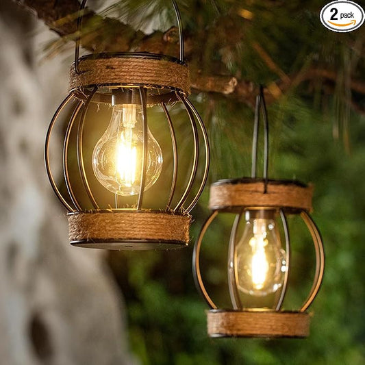 Solar Outdoor Lanterns,Hanging Solar Lights Outdoor Waterproof Metal Solar Table Lights Solar Powered Lanterns Decorative Tree Lanterns Outdoor Lamp for Patio Garden Yard Pathway, 2 Pack