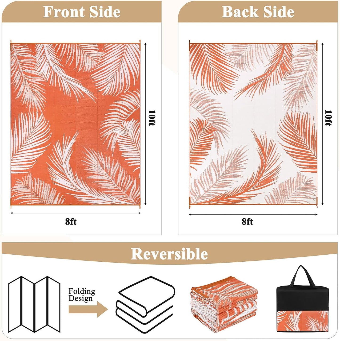 Pauwer Waterproof Outdoor Rug 8x10, Reversible Plastic Straw Patio Camping Rug, Indoor Outdoor RV Mat Carpet for Deck, Camper, Porch, Balcony, Backyard, Picnic, Leaf Orange