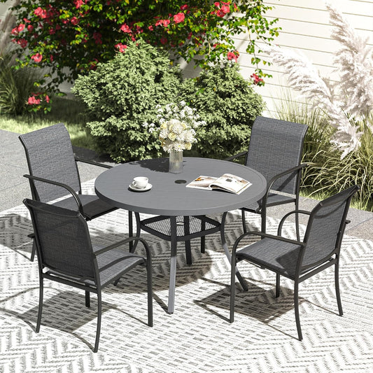 VICLLAX 5 Pieces Patio Dining Set, Outdoor Furniture Set Includes 41.2" Round Patio Table and 4 Patio Sling Chairs, Grey Tabletop and Dark Grey Fabric