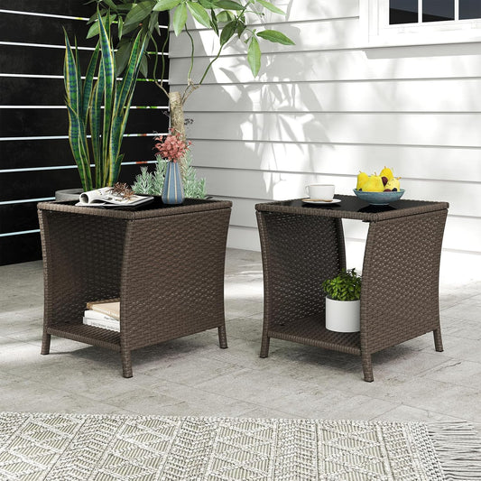 Outdoor Small Patio Table - PE Rattan Coffee Table, Wicker Side Table for Patio, Balcony & Porch, Durable & Iron Frame (2, Sesame)