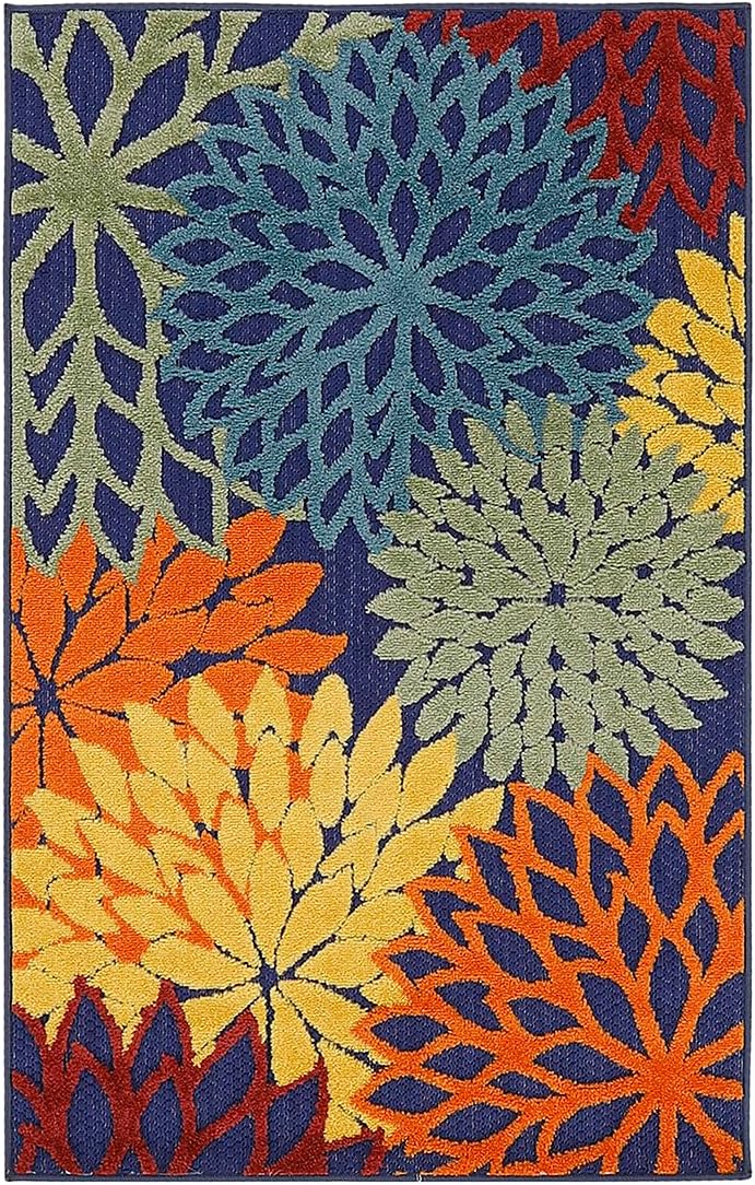 Nourison Home Aloha Indoor-Outdoor Navy Multicolor 2'8" x 4' Area Rug, Easy Cleaning, Non Shedding, Bed Room, Living Room, Dining Room, Backyard, Deck, Patio (3x4)