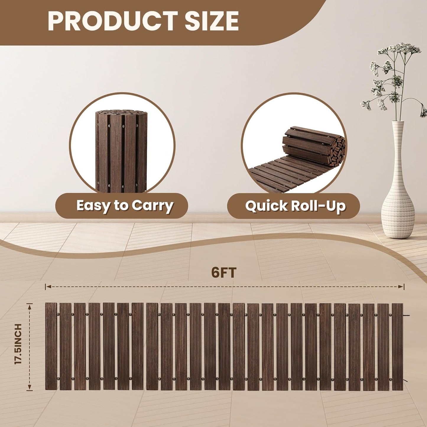 6FT Wooden Garden Pathway, Roll Out Walkway for Patio, Backyard and Outdoor Decor, Weatherproof, Non Slip and Easy to Install, Perfect for Beach, Wedding or Lawn (Brown)