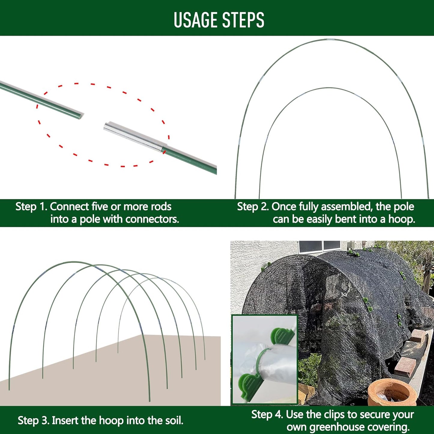 MAXPACE Greenhouse Hoops for DIY 2.7ft or Wider Grow Tunnel, Rust-Free Fiberglass Support Hoops Frame for Garden Fabric, Plant Support Garden Stakes, Gardening Supplies, 50pcs