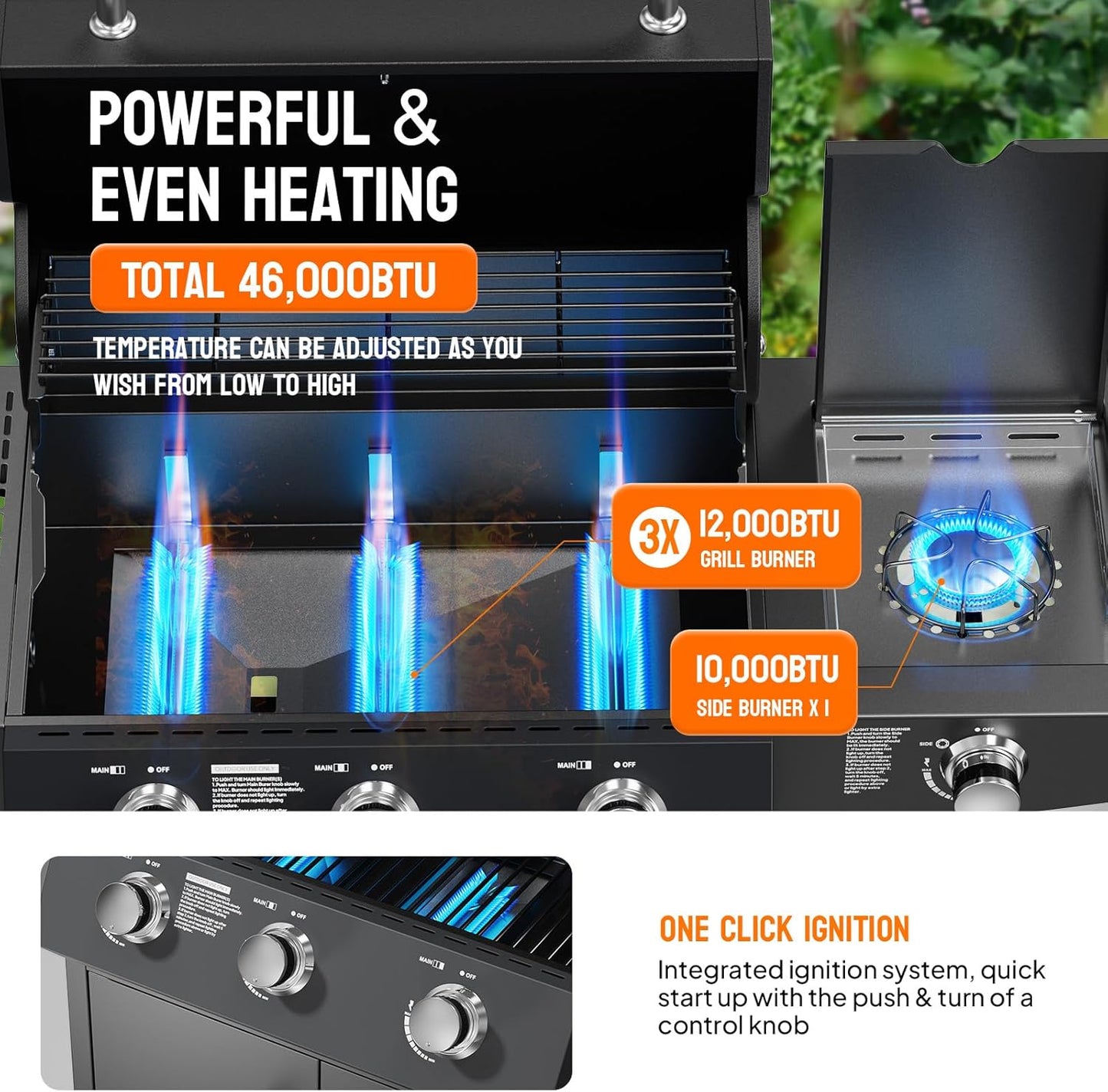 ROVSUN 3 Burner Propane Gas Grill with Side Burner, 46,000BTU BBQ Grills with Enameled Cast Iron Grates, Shelf & Cabinet for Outdoor Garden Patio Backyard Barbecue Cooking