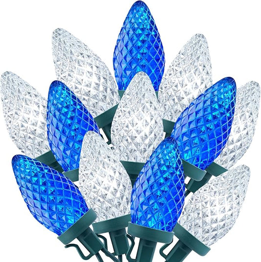 Brightown C9 LED Christmas String Lights, 66ft 100 LED Waterproof Strawberry String Lights, Plug-in Extendable Green Wire Lights String for Outdoor Outside Patio Party Decoration, Blue and White