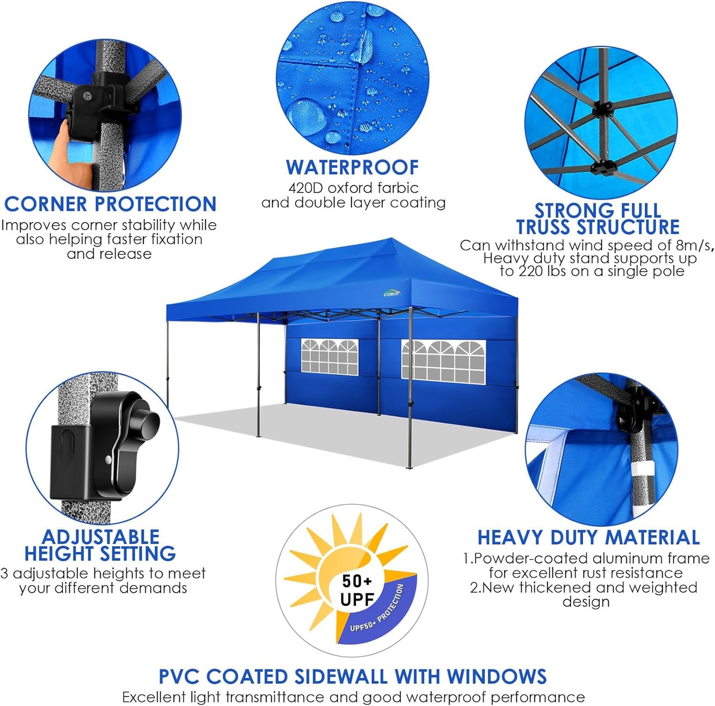 COBIZI 10x20 Canopy with Sidewalls, Heavy Duty Party Tent Pop up carpas para Fiestas, Tents for Parties, Wedding, Outdoor Ez up Foldable Portable Canopy Tent with Wheeled Bag, Blue(Windproof Upgrade)