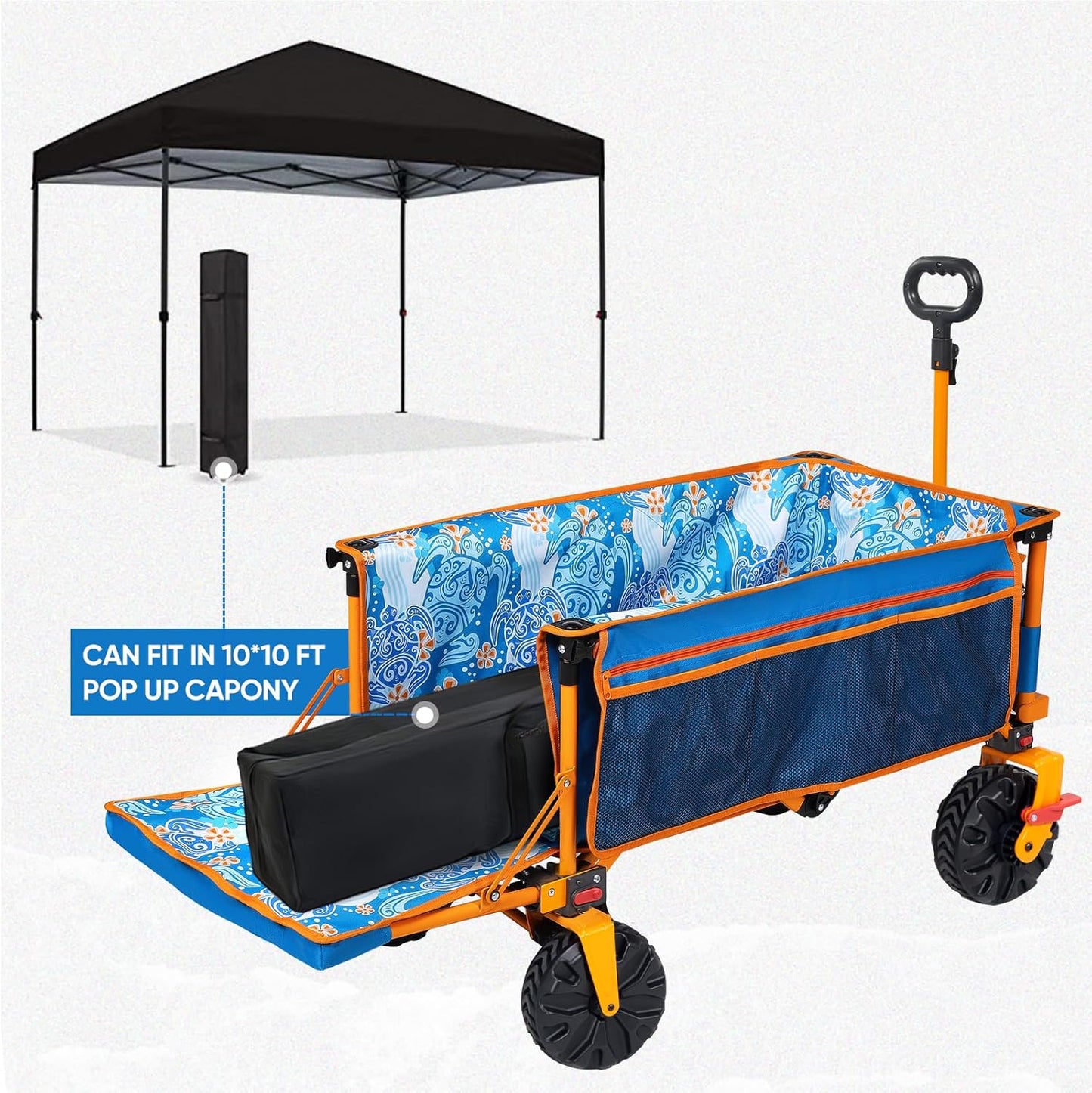 49" L Extra Long Beach Wagon with Tailgate,Big Wheels with Brake for Sand, Collapsible Utility Beach Cart Heavy Duty Folding Wagon,Ideal for Outdoor Sand Camping Garden Pet