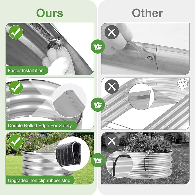 Galvanized Raised Garden Bed- 2Pcs 2x2x1FT Metal Planter Boxes Outdoor | Round Steel Raised Bed Kit & Fire Pit Ring for Gardening with Protective Tape, Gloves for Vegetables, Flower (Sliver)