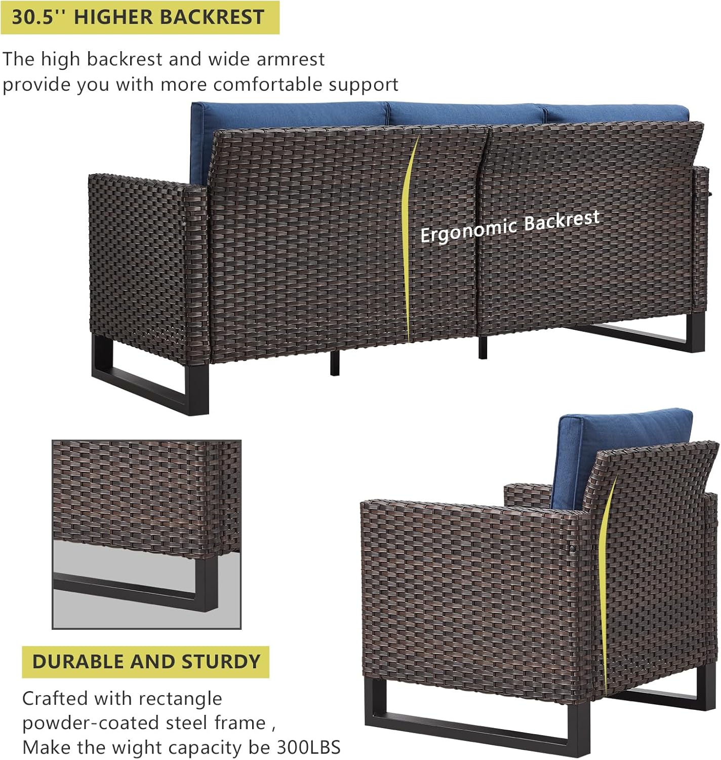 HUMMUH 10 Piece Patio Furniture Set PE Wicker 12-Seater Outdoor Sectional Sofa Set with Patio Swivel Chairs Dinning Table Ottomans for Porch,Garden,Backyard,Deck(Brown/Blue)