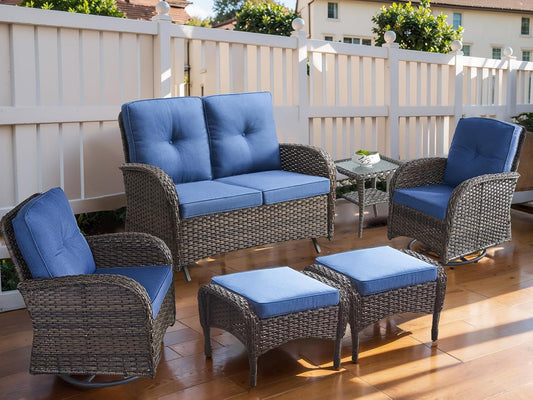 HUMMUH Patio Furniture 6-Piece PE Wicker Outdoor Conversation Set,All-Weather Rattan Swivel Chairs with Ottomans Glider Loveseat for Backyard,Poolside,Deck