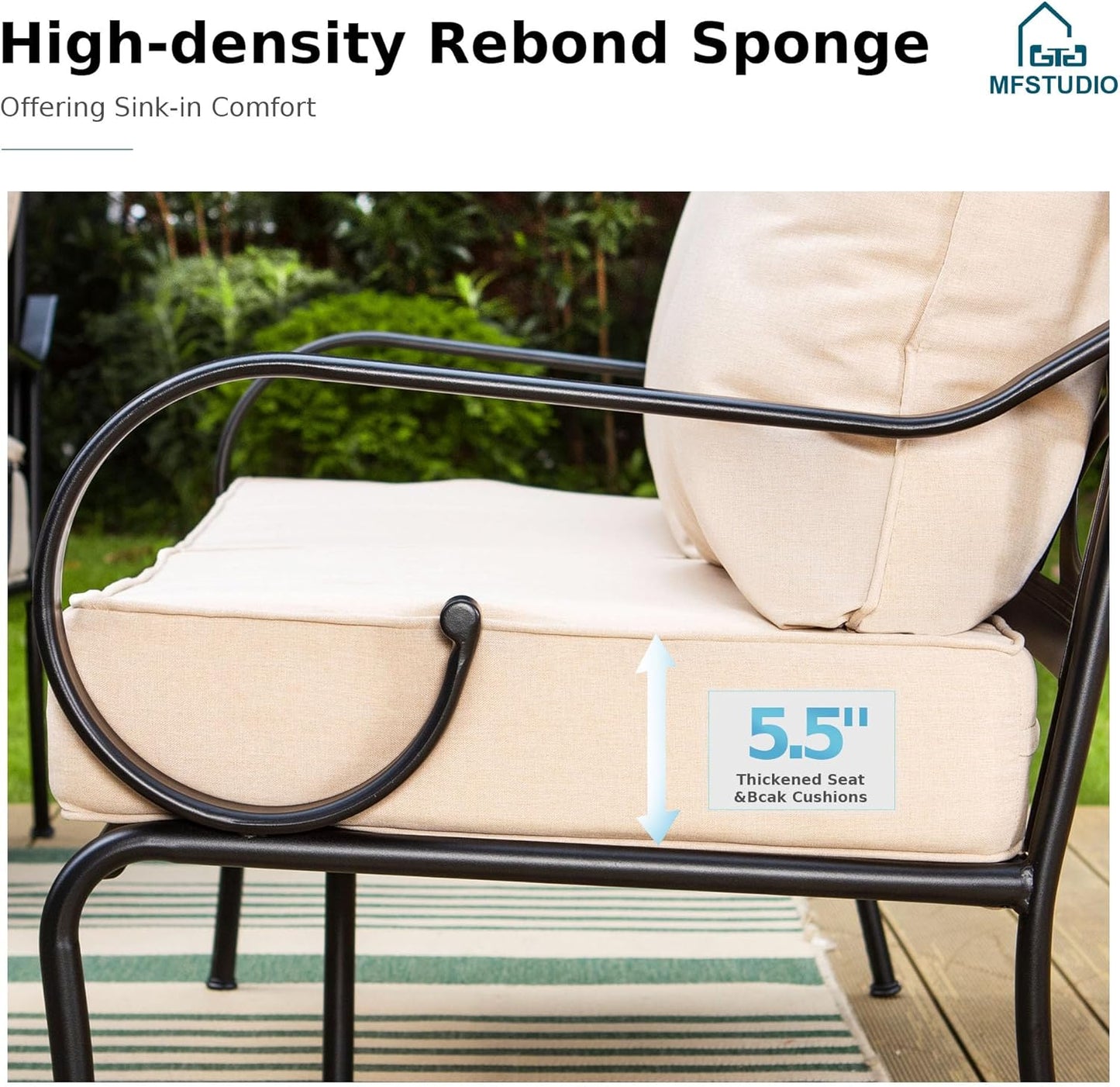 MFSTUDIO 5 Seats Large Metal Patio Conversation Sets, 4 Pieces Outdoor Furniture Sofa with 2 Fixed Chairs, 1 Sofa(3-seat) and Table for Outside Balcony Backyard Poolside