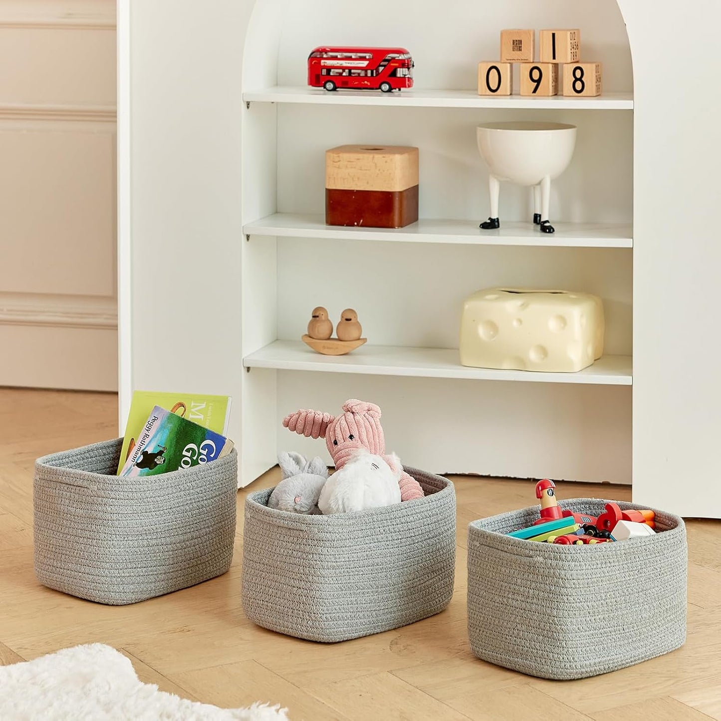 Small Cotton Rope Basket – Storage Bin for Organizing (10.6" x 6.7" x 6.7"), Bathroom Storage Basket for Shelf, Counter & Closet（Grey）