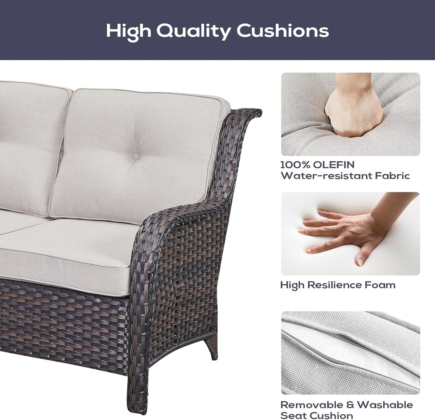 Outdoor Furniture Sectional Sofa L Shaped Couch - Patio Wicker Set with Coffee Table, 3 Piece Rattan Patio Conversation Sets with Beige Cushion for Deck Backyard Sunroom