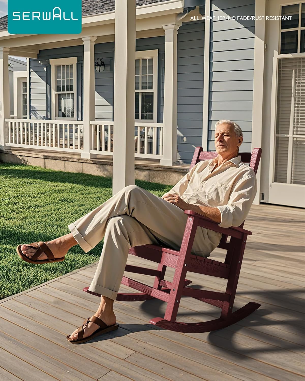 SERWALL HDPE Outdoor Rocking Chair Set of 8, Patio Rocking Chairs for Adults, All Weather Outdoor Rockers for Lawn, Crimson Red