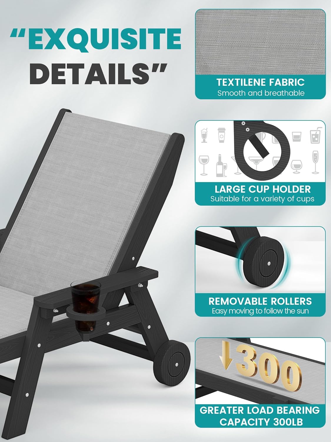 SERWALL Textilene Patio Chaise Lounge Chair Set of 2, 5 Positions Outdoor Lounge Chair with Rolling Wheels for Pool, Deck, Black