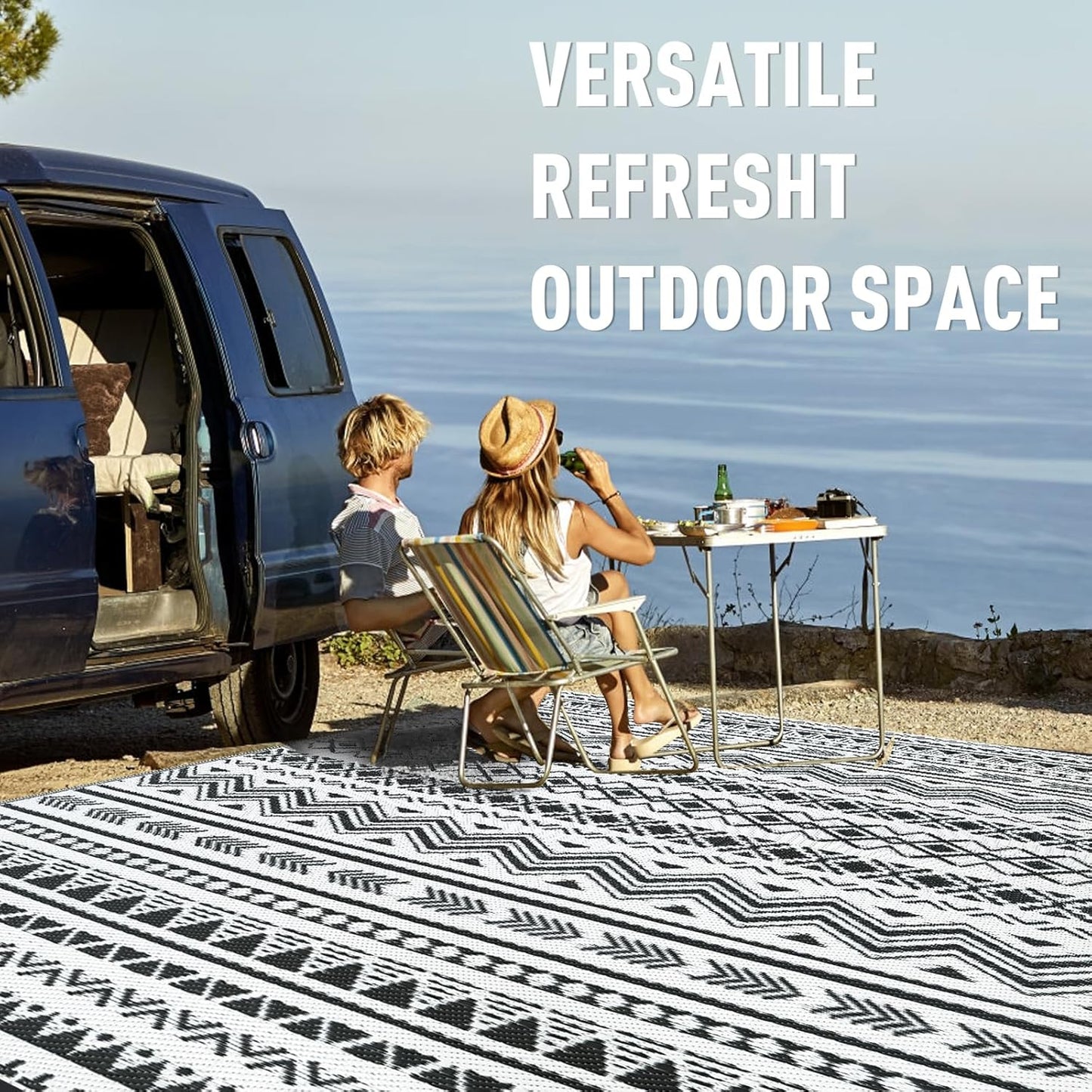 WILDROOTS 9x12 Feet Black and White Plastic Outdoor Rug, Stain Resistant Waterproof Reversible Outdoor Patio Rug, Fade Resistant Camping Rug