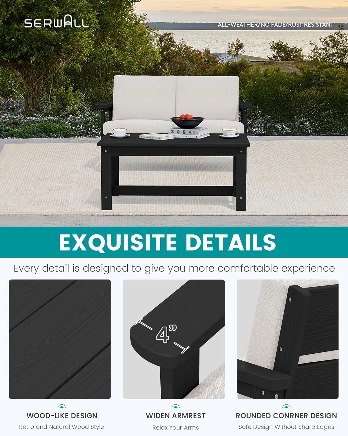 SERWALL Outdoor Loveseat, Black Frame and Khaki Cushion