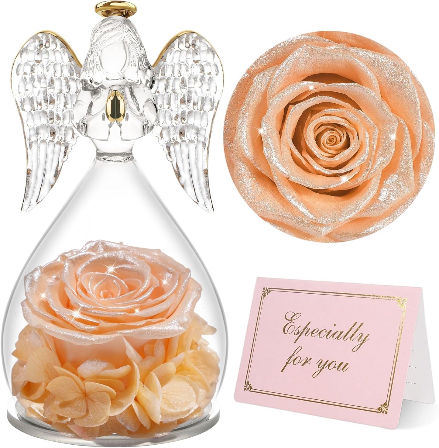 Yamonic Mom Birthday Gifts for Mom,Angel Figurines with Real Rose Gifts for Her Women Grandma, Preserved Flowers Rose Angel Figurines for Mothers Day Christmas Anniversary Wife Gifts(Pearl Champagne)