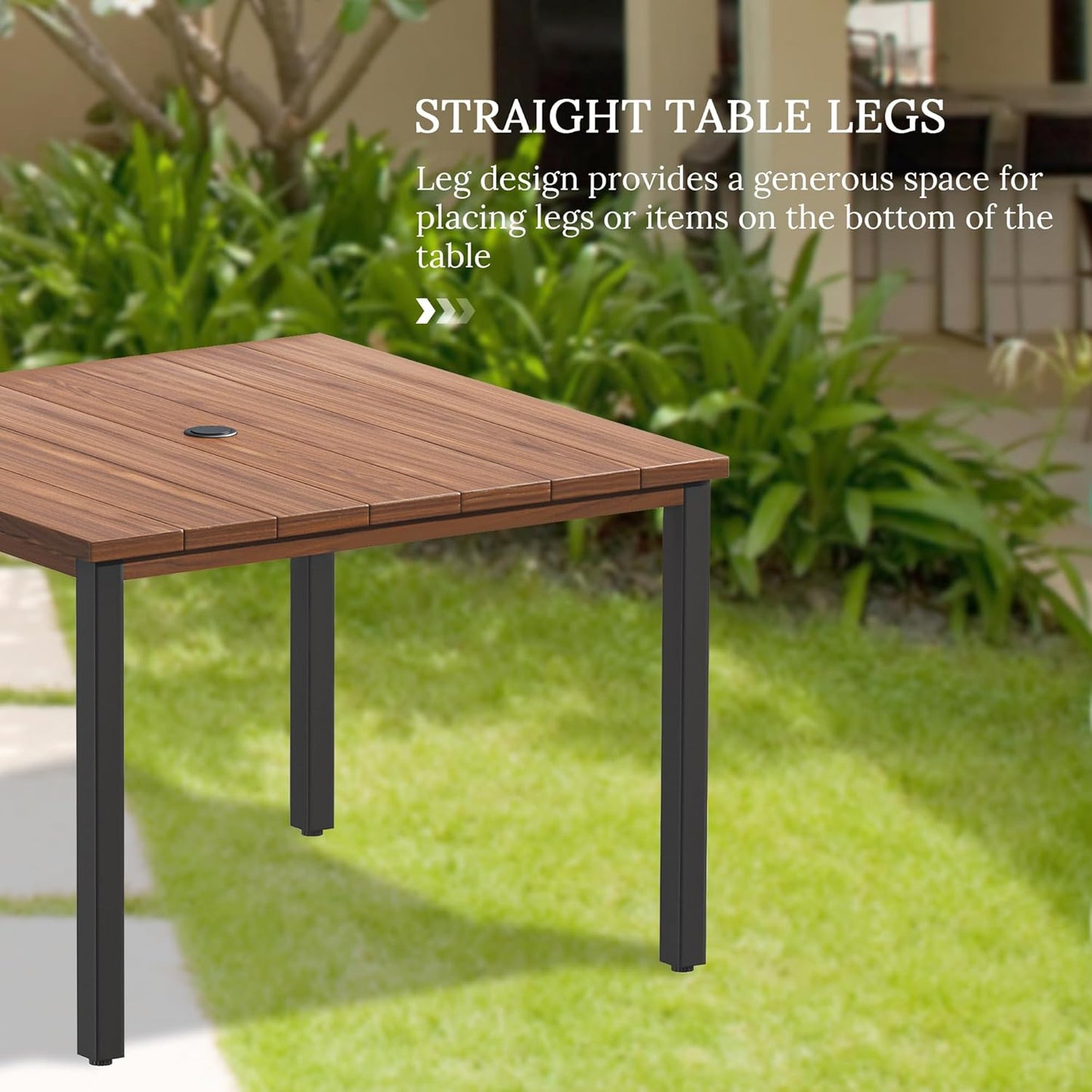 VICLLAX 40.2" Square Patio Dining Table for 4, Outdoor Table with Umbrella Hole, All Weather Metal Patio Table for Lawn Garden, Walnut Wood-Like Tabletop