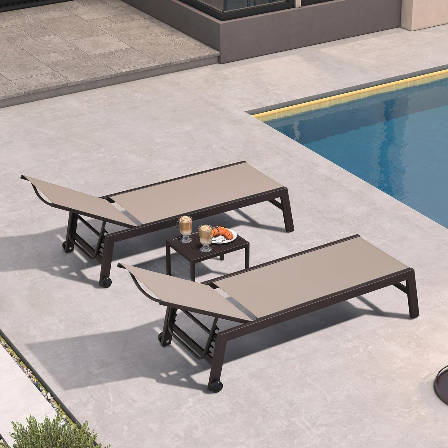 PURPLE LEAF Outdoor Chaise Lounge Chair Set of 3, Patio Lounge Chair for Outdoor, Aluminum Patio Chaise Lounger with Adjustable Backrest and Wheels for Outside, Lawn, Garden, Taupe