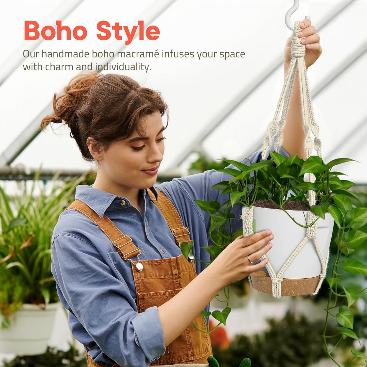 Macrame Plant Hangers for Indoor and Outdoor Use, Set of 3 Hanging Plant Pots Holders with Hooks, Ivory Cotton Rope, Tassel-Free, Fits 6" to 10" Pots, Rope Lengths 35", 26", 20", (No Pots Included)