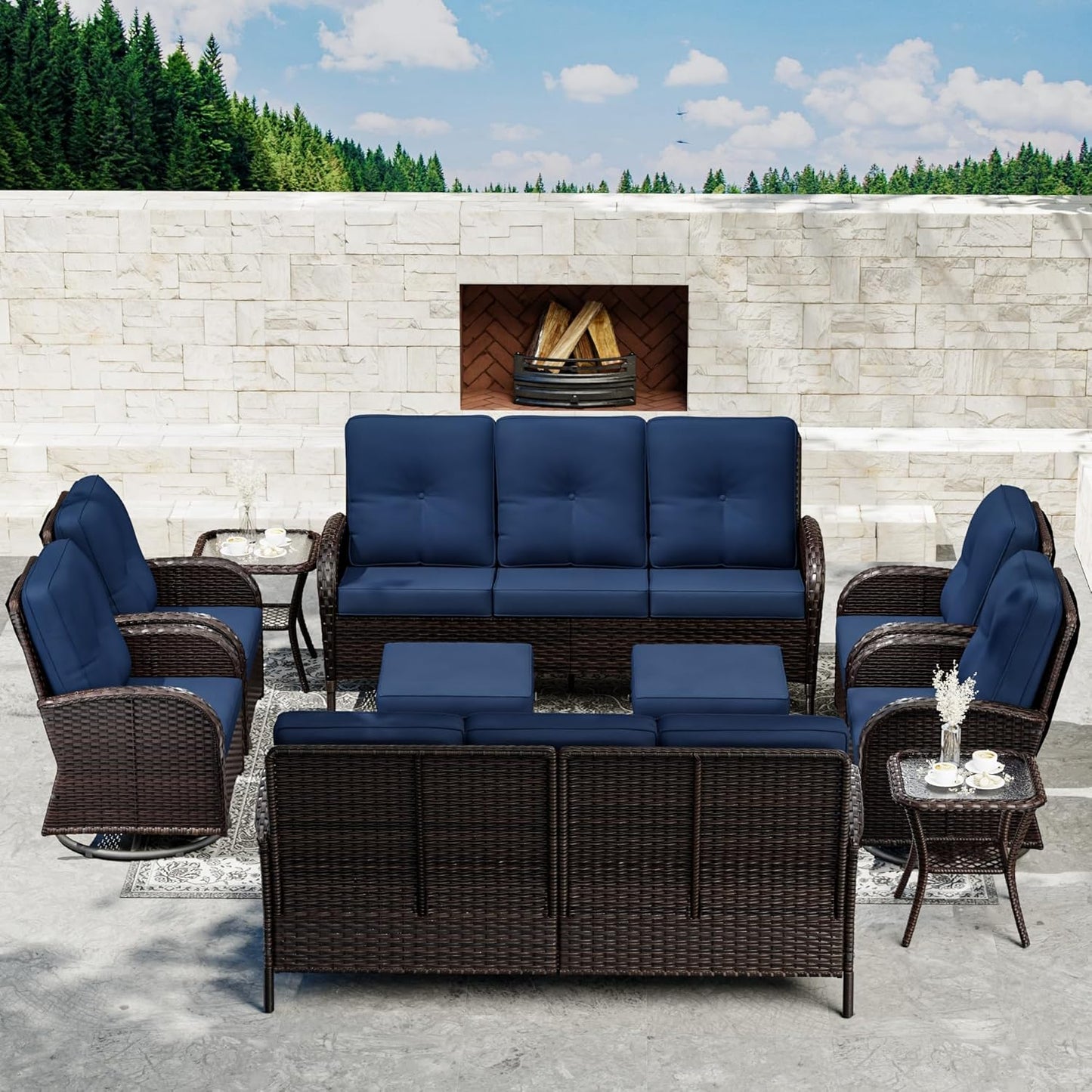 Joyside 10 Piece Patio Furniture Set, Outdoor Wicker Conversation Sets with Swivel Rocker Chairs and Sofa, Thick Cushion, Rattan Patio Sectional for Porch, Deck Use (Brown/Blue, 10 PCS)