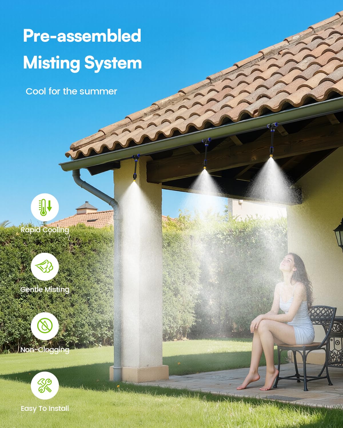 RAINPOINT Misters for Outside Patio - Upgraded 59FT(18M) Misting System Kit with Water Filter for Cooling Outdoor, 59FT Misting Line + 17 Mist Nozzles for Backyard Garden Porch Deck Greenhouse