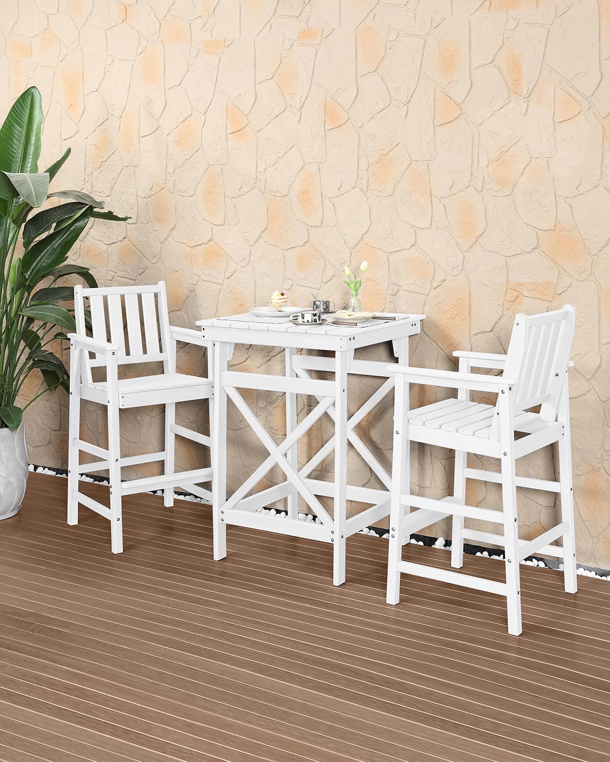 3-Piece Adirondack Chairs and Table Set, HDPE Patio Bar Sets, All Weather Outdoor Bar Stools Set, HDPE Adirondack Bar Height Chairs and Bar Table for Balcony, Porch, Garden, Pearl