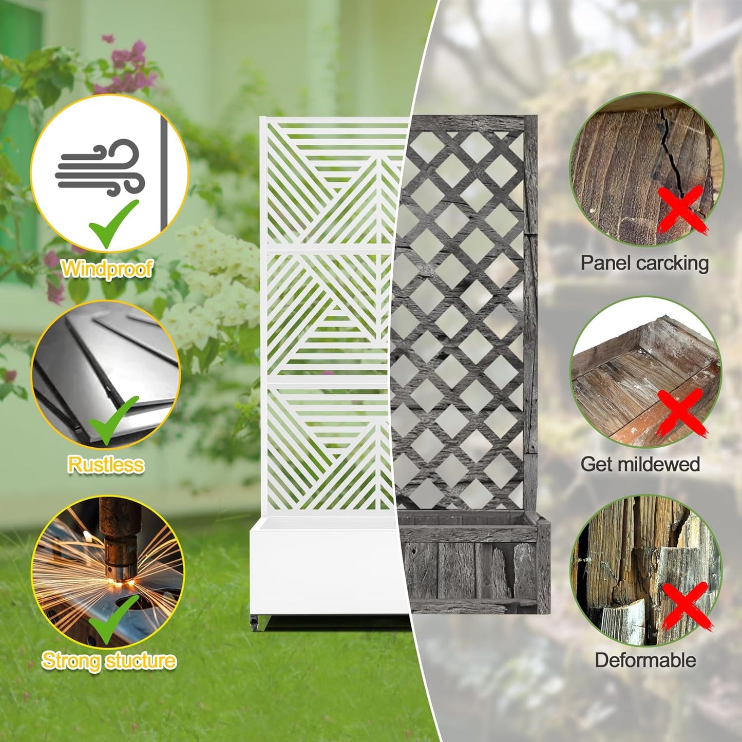 FENCY Metal Raised Garden Bed with Wheels and Trellis,73"x35"x16" Planter Box for Climbing Plants, Vegetables & Vines, Features Privacy Screen and Drainage Holes (White-Modern)