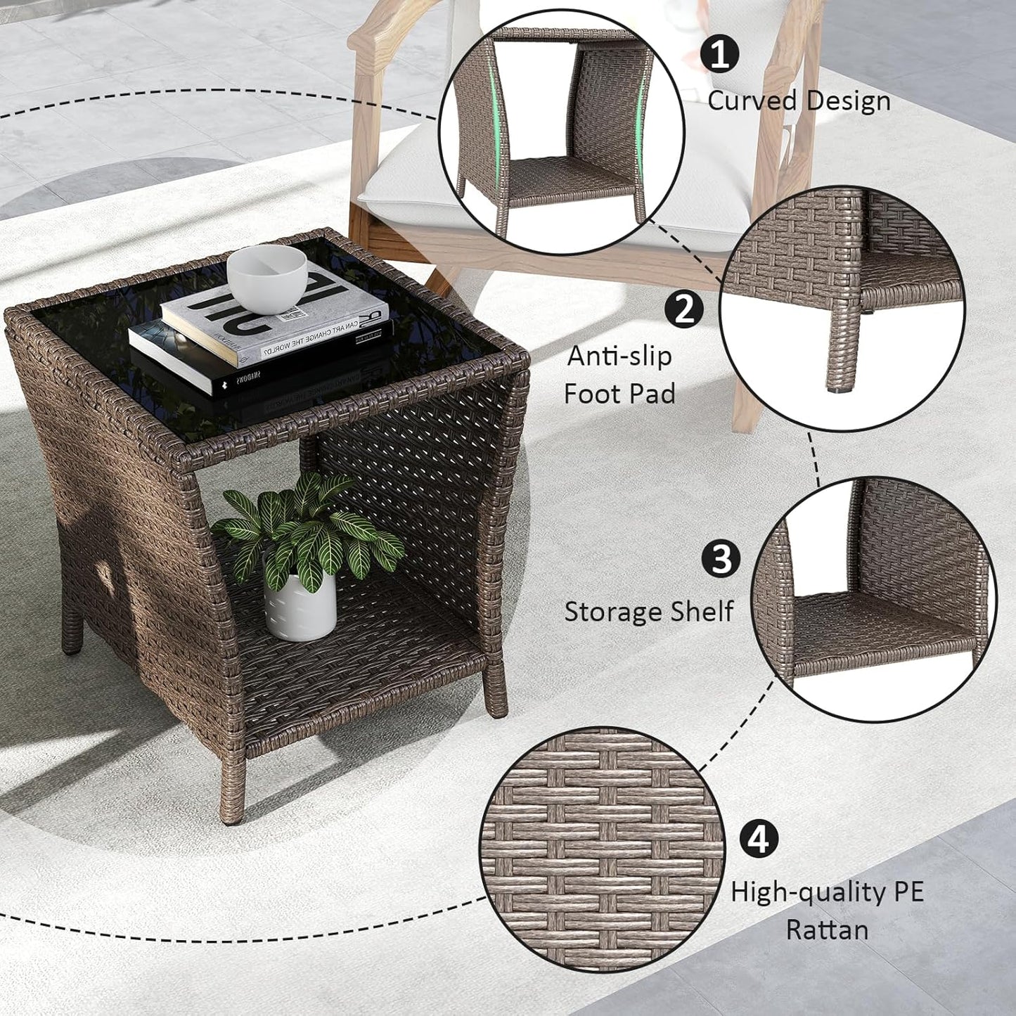 Outdoor Small Patio Table - PE Rattan Coffee Table, Wicker Side Table for Patio, Balcony & Porch, Durable & Iron Frame (1, Dark Brown)