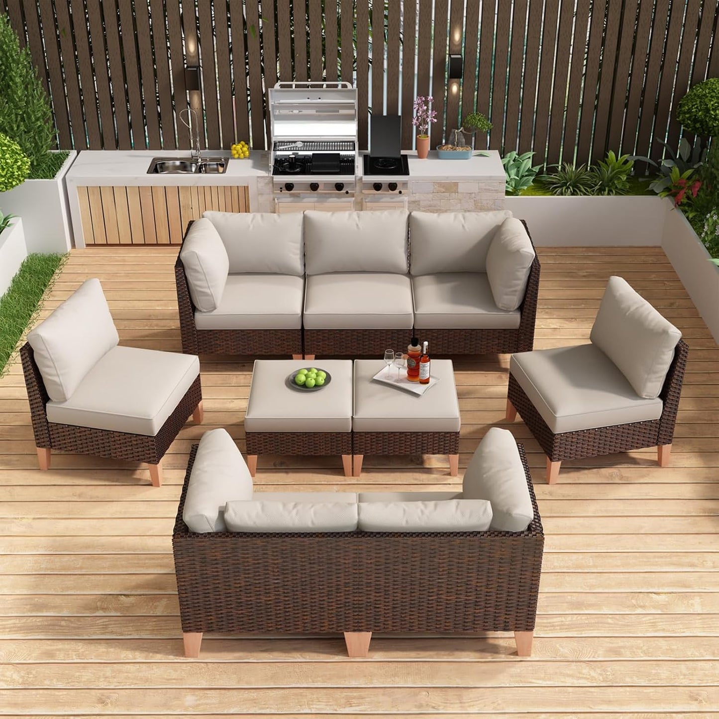 HUMMUH Patio Furniture Set, 9 Pieces Outdoor Modular Sectional Couch Chairs with Ottomans,All Weather PE Wicker Patio Conversation Sets for Garden Porch Backyard