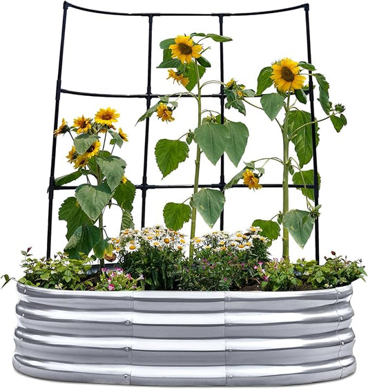 KING BIRD Raised Garden Bed with Wall Trellis Galvanized Planter Garden Box Outdoor for Gardening, Climbing Vegetables, Flowers 3.94x2.95x0.98 Ft, Silver