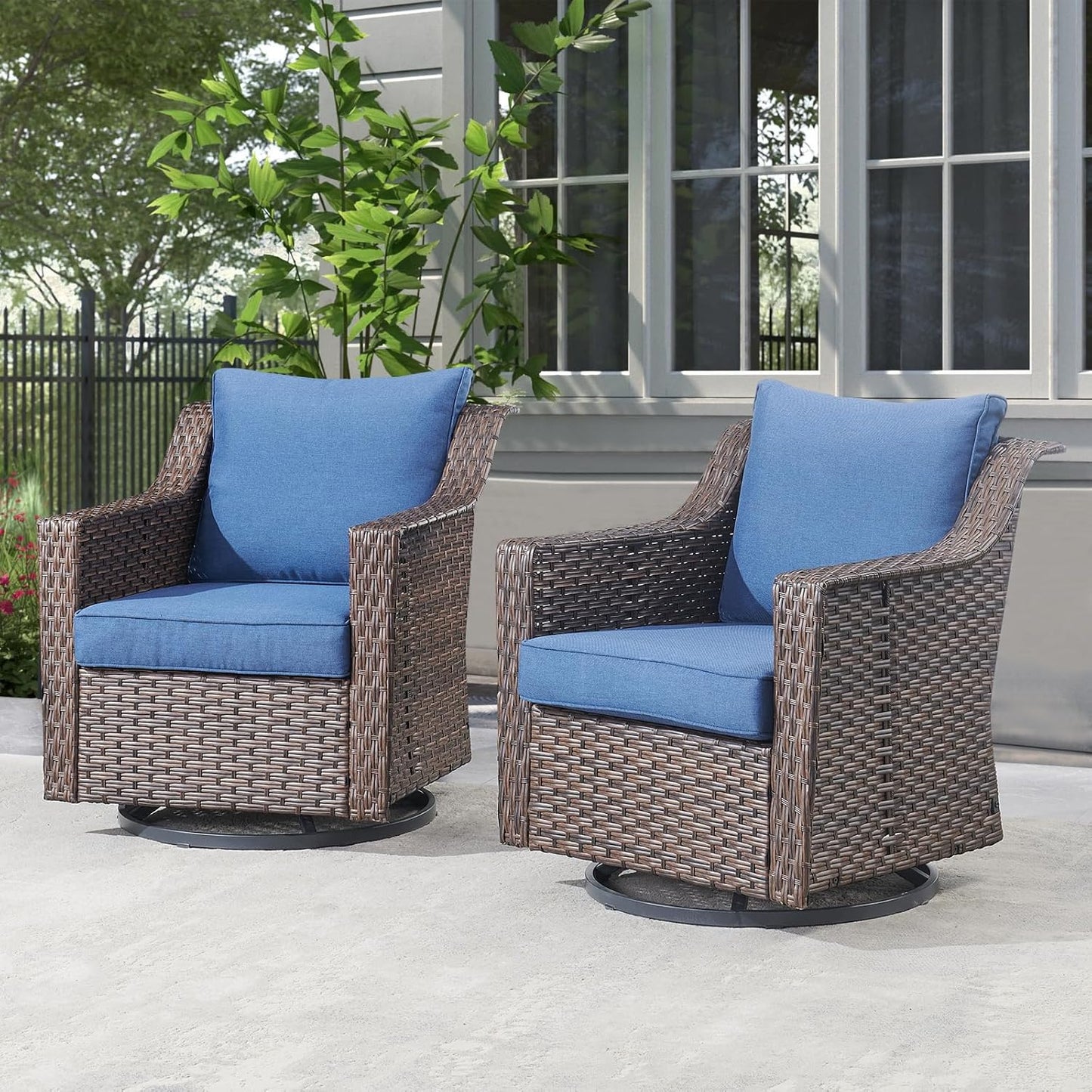Outdoor Patio Wicker Swivel Chairs - Set of 2 Outside Resin Rattan Rocker Glider Gliding Chair Rocking Armchairs for Front Porch Balcony Backyard Yard Deck Poolside Apartment – Brown/Blue