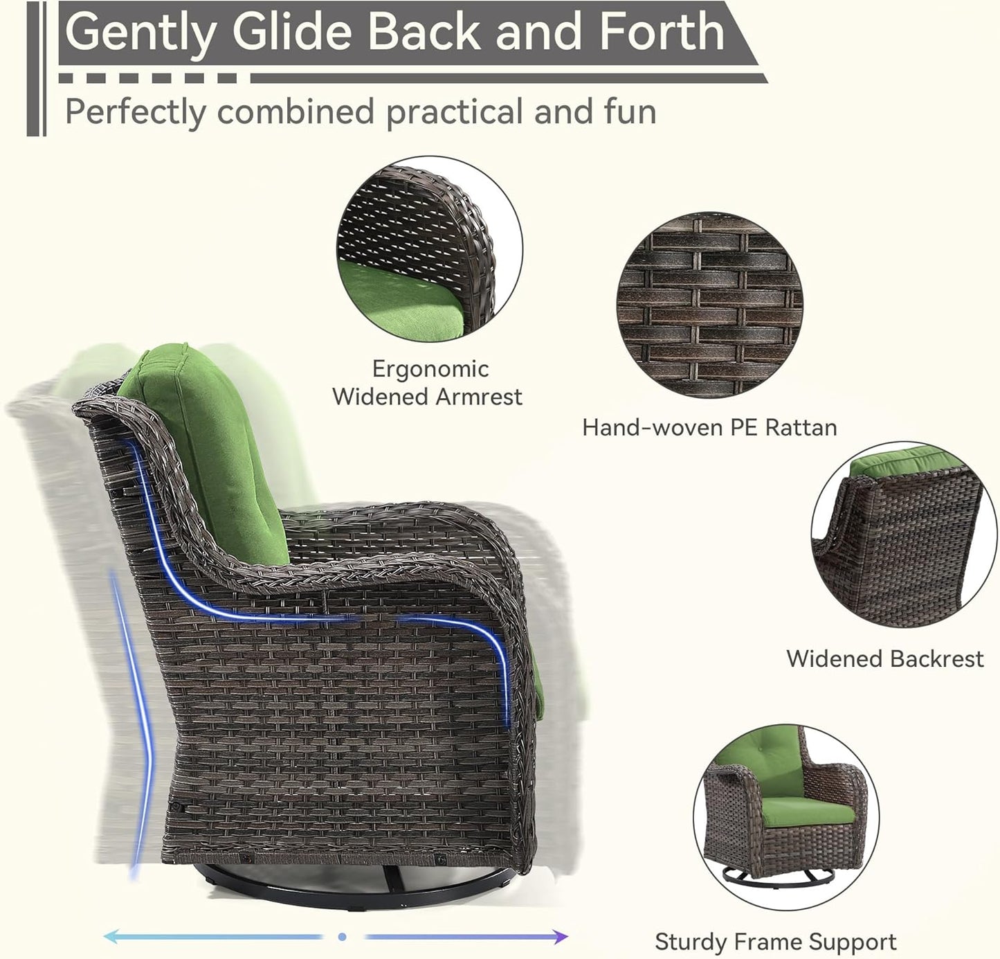 2 Pieces Outdoor Swivel Rocker Patio Chairs Set - Outdoor Wicker Patio Conversation Sets with 1 Side Table, Olefin Fabric Cushions Suitable for Backyard Deck and Porch, Green