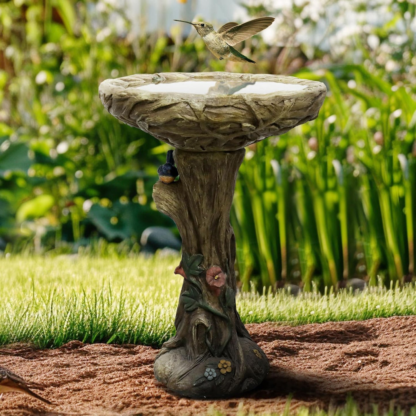 SunJet 25.5 Inch Heigh Wood-Look Concrete Bird Bath with Decorative Faux Bird – birdbath Rustic & Long-Lasting Design, Enhances Garden, Patio, Yard, Lawn Décor