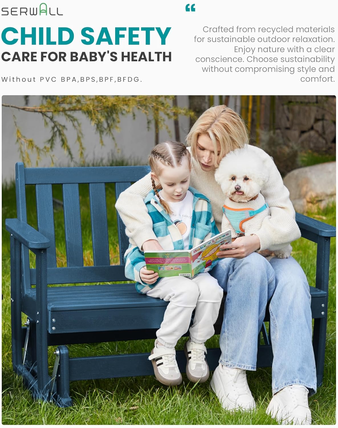 SERWALL Outdoor Glider Bench Set of 2, HDPE Weather-Resistant Swinging Bench for Backyard Garden Porch, Navy Blue