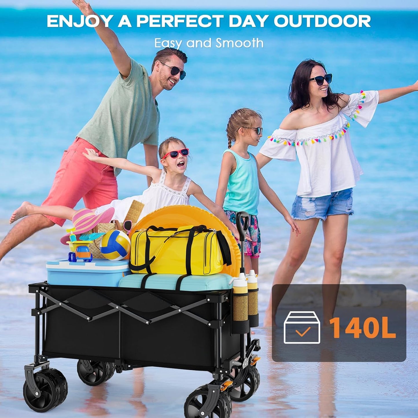Collapsible Wagon Cart Heavy Duty Foldable, Folding Beach Wagon with Big Wheels for Sand, Utility Grocery Cart with Side Pocket and Brakes for Camping Sports Outdoor Activities, Black