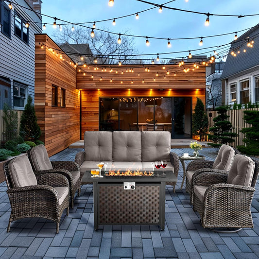 HUMMUH 7 Piece Patio Furniture Set with Fire Pit Table,Wicker Patio Swivel Rocker Outdoor Chairs 3-Seat Sofa for Porch,Poolside,Deck