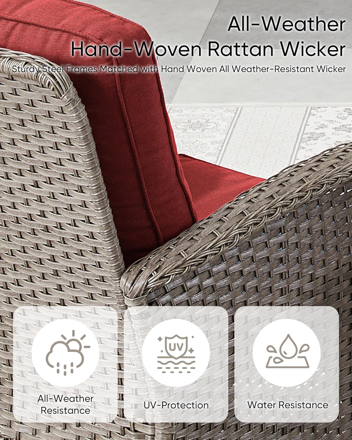 HUMMUH 6 Pieces Outdoor Patio Furniture-PE Rattan Wicker Sofa with Patio Swivel Rocking Chairs Patio Furniture for Deck Lawn Porch Balcony Poolside-Grey/Red