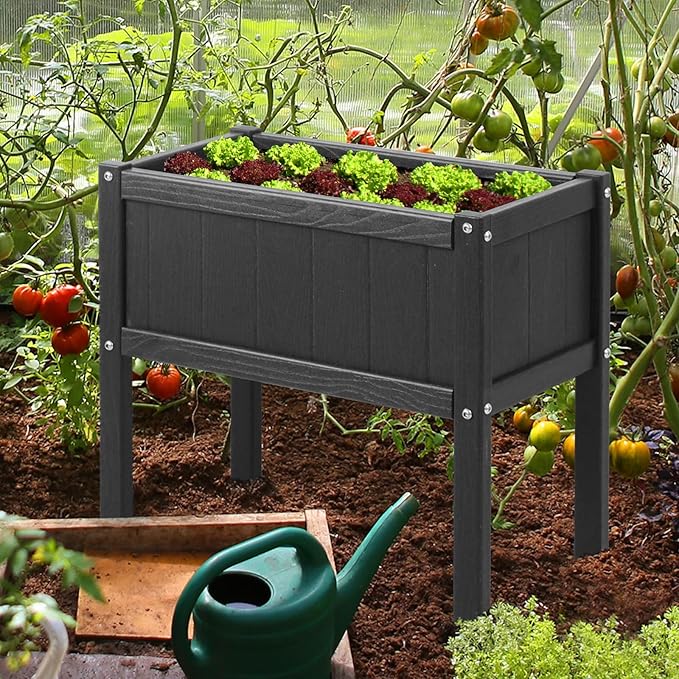 Raised Garden Bed with Drainage Hole Waterproof HDPE Elevated Planter Box with Legs Stable and Durable to Plant Herb Vegetable Flower,Patio,Balcony Outdoors/Indoors Black