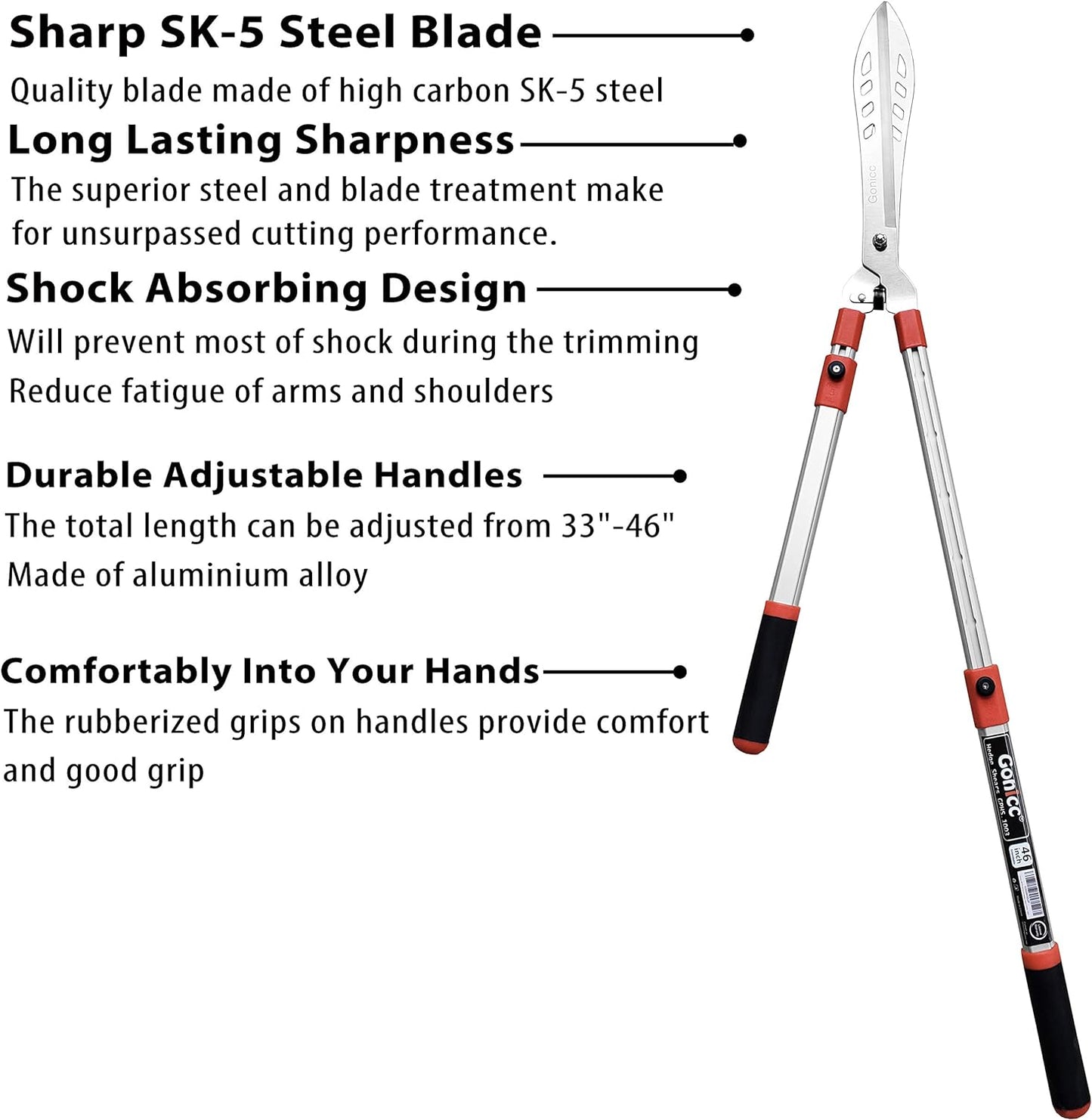 gonicc Professional Adjustable 33"+ 13" Hedge Shears. Handle Length Range 19"-32", with Wavy SK-5 Steel Blade, Adjustable Blade Pressure,Garden Pruning Hand Hedge Trimmers, Grass Clippers Shears